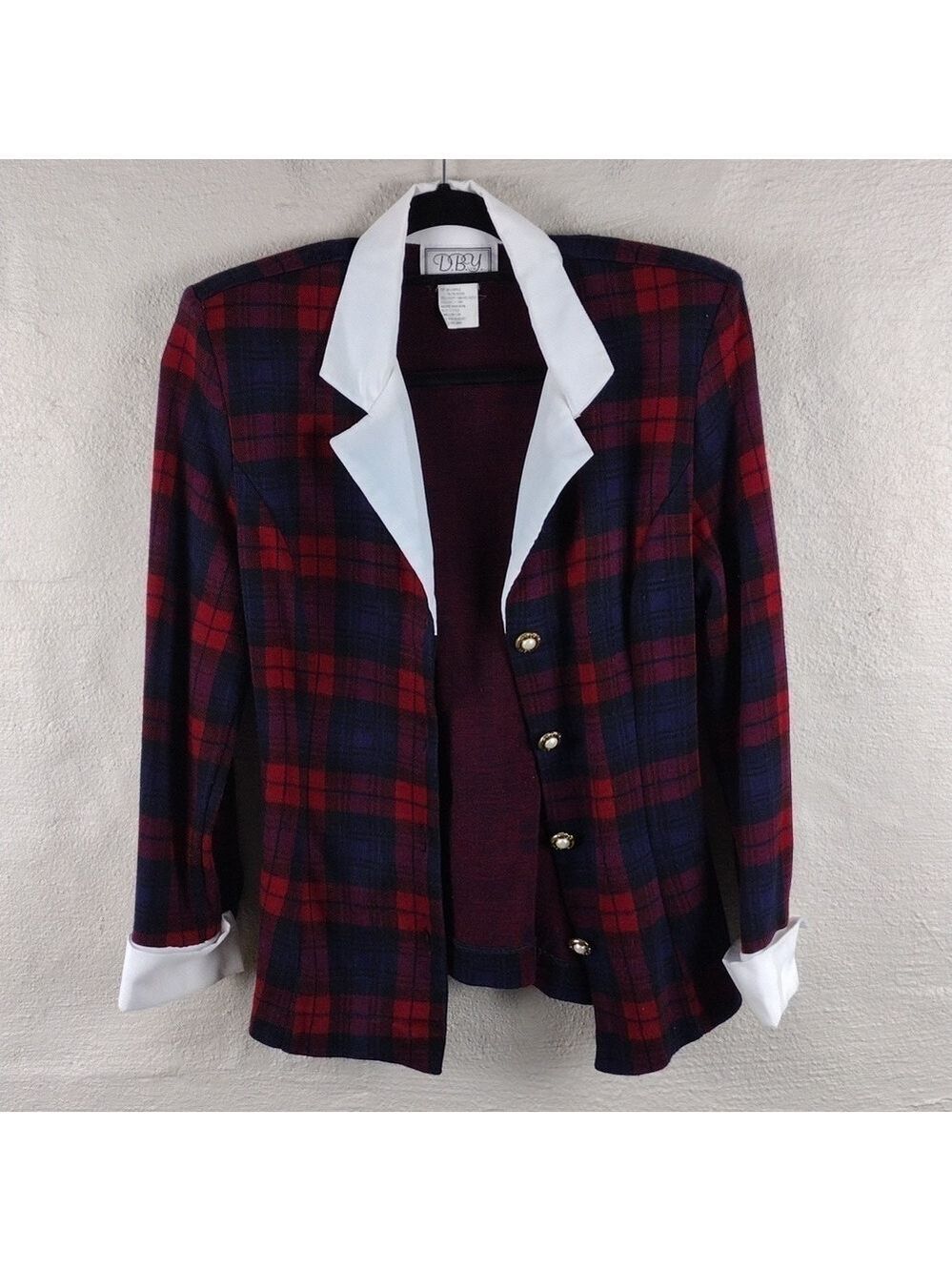 D.B.Y. Red Blue Tartan One Notched Button Long Sleeve Elastic Pull On Skirt Set - Picture 5 of 16